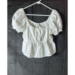 American Eagle Womens Small Eyelet Empire‎ Waist Puff Sleeve Crop White Top